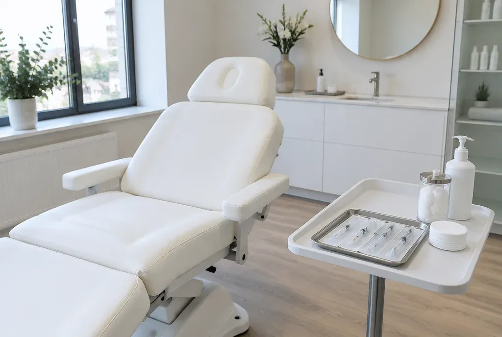 Een lichte behandelkamer in een cosmetische kliniek met een behandelstoel en een bakje met materiaal.